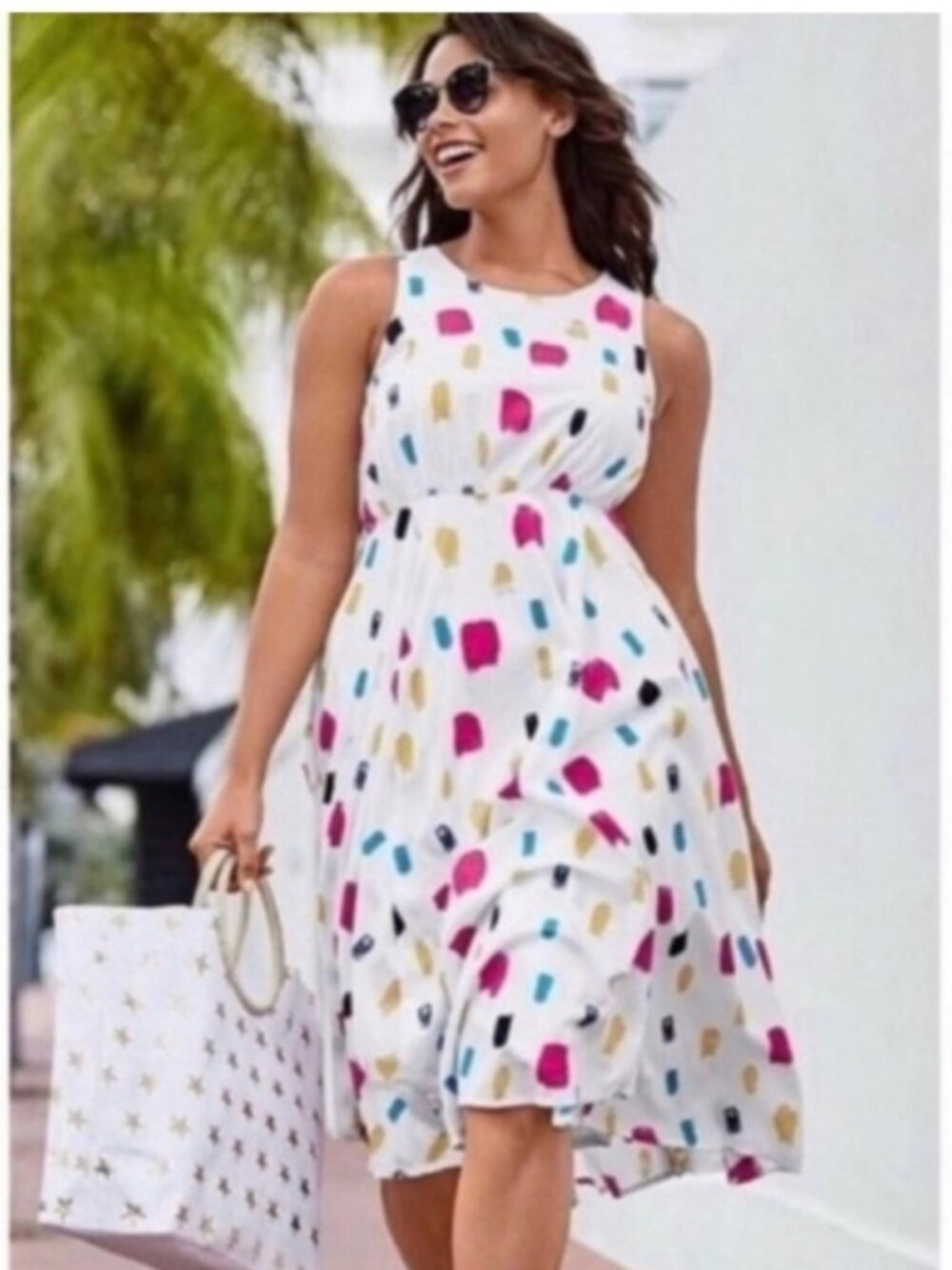 Lane Bryant Sleeveless Midi A-Line White Dress Paint Brush Strokes Artistic 18